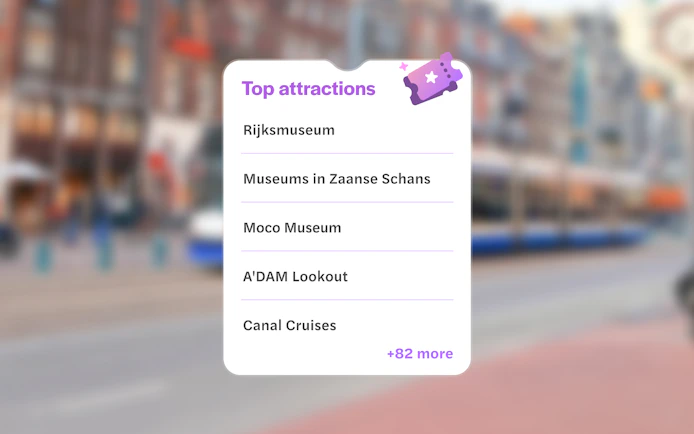 Top attractions included in I Amsterdam City Card: Rijksmuseum, Zaanse Schans, Moco Museum, A'DAM Lookout, Canal Cruises.