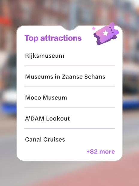 Top attractions included in I Amsterdam City Card: Rijksmuseum, Zaanse Schans, Moco Museum, A'DAM Lookout, Canal Cruises.