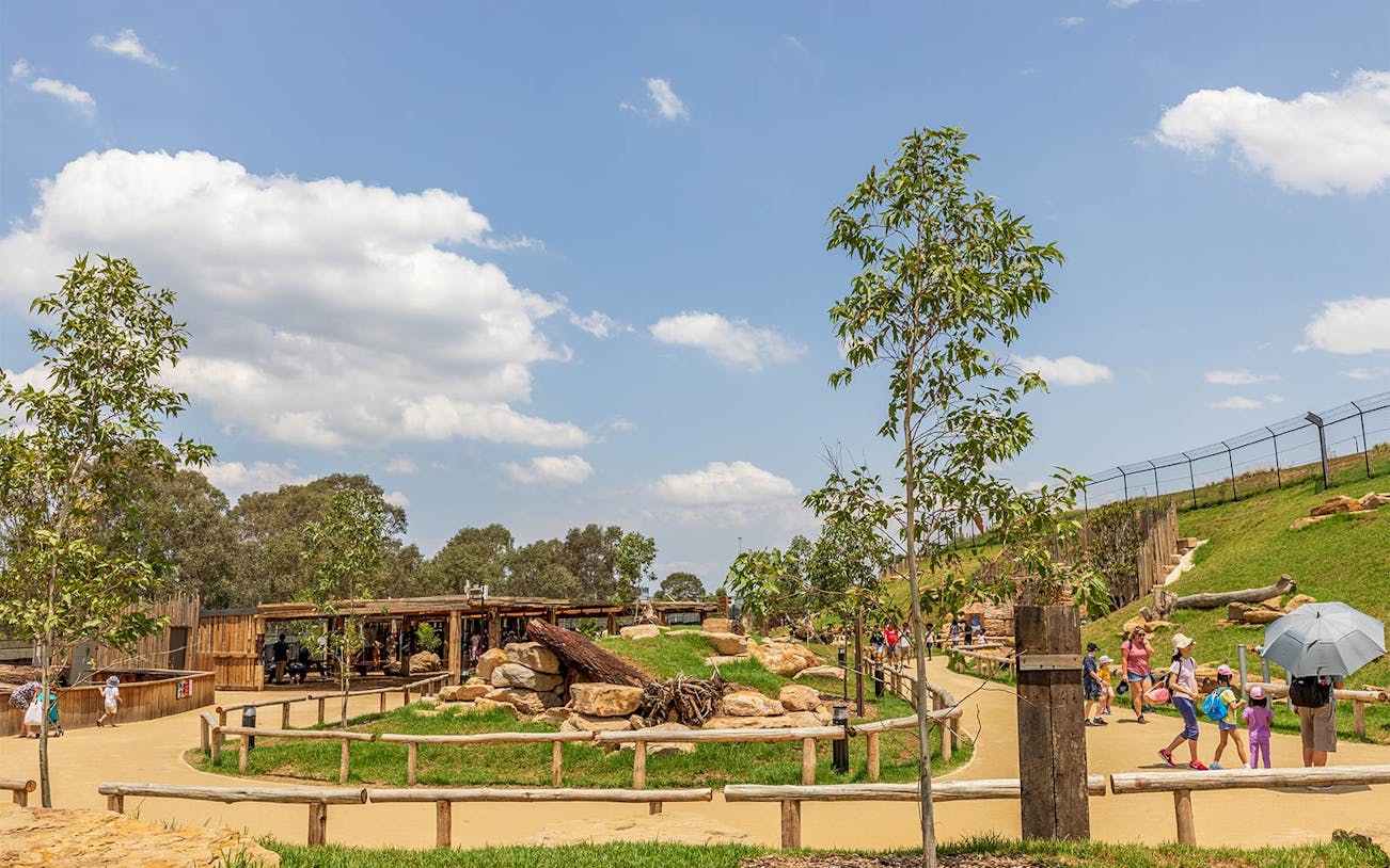 Visitors walking through Sydney Zoo's outdoor exhibit area.