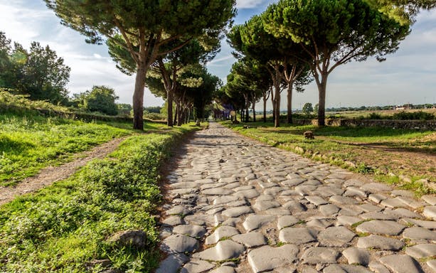 Ancient cobblestone road lined with trees on the Catacombs Tour in Rome, Italy.