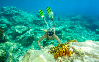 Snorkeler exploring coral reef near Golden Horn, Bol Town, Brac Island.