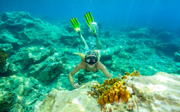 Snorkeler exploring coral reef near Golden Horn, Bol Town, Brac Island.
