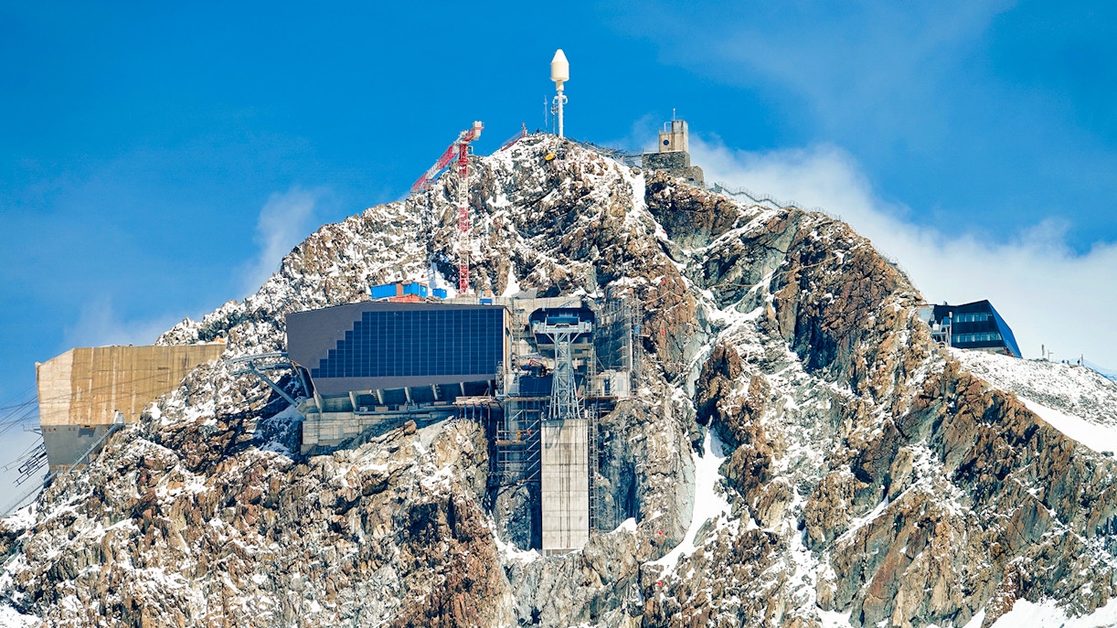 Klein Matterhorn cable car station atop snowy mountain, Zermatt, Switzerland.
