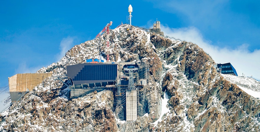 Klein Matterhorn cable car station atop snowy mountain, Zermatt, Switzerland.