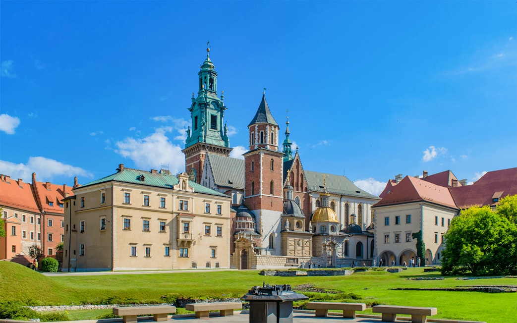Wawel Royal Castle exterior with towers and courtyard in Krakow, Poland.