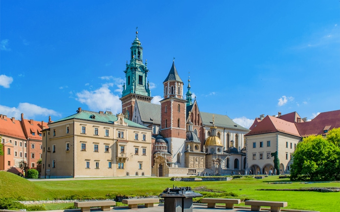 Wawel Royal Castle exterior with towers and courtyard in Krakow, Poland.