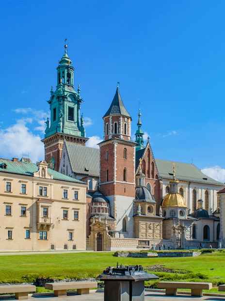 Wawel Royal Castle exterior with towers and courtyard in Krakow, Poland.
