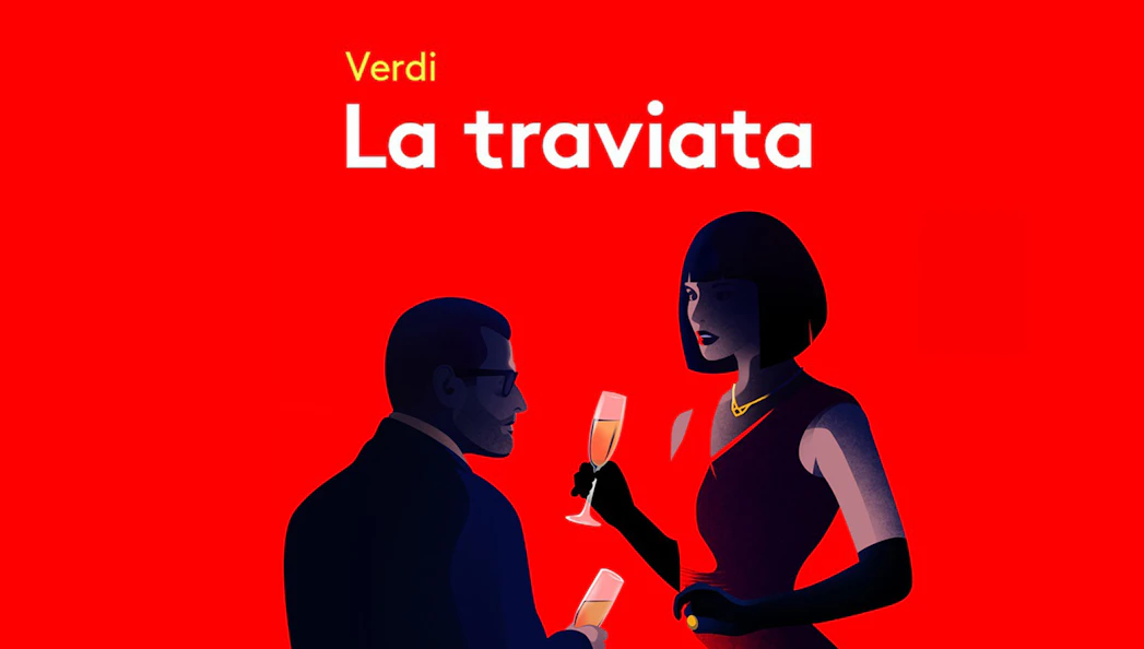 Two people holding champagne glasses, promoting Verdi's opera La Traviata.
