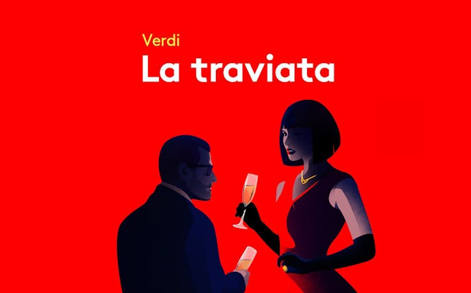 Two people holding champagne glasses, promoting Verdi's opera La Traviata.