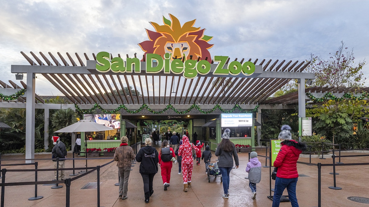 Visitors entering the San Diego Zoo under a decorated entrance sign.