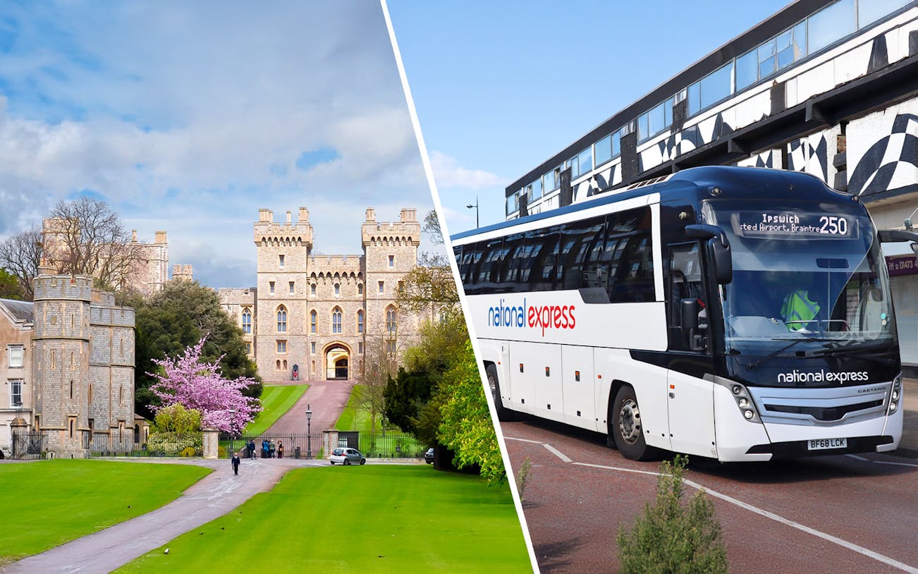 Windsor Castle with tourists in front, accessible via National Express bus from London Victoria Station.