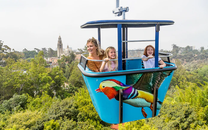 People enjoying the sky tram ride at San Diego Zoo with scenic views.