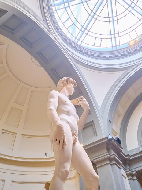 Michelangelo's David statue under dome at Accademia Gallery, Florence.