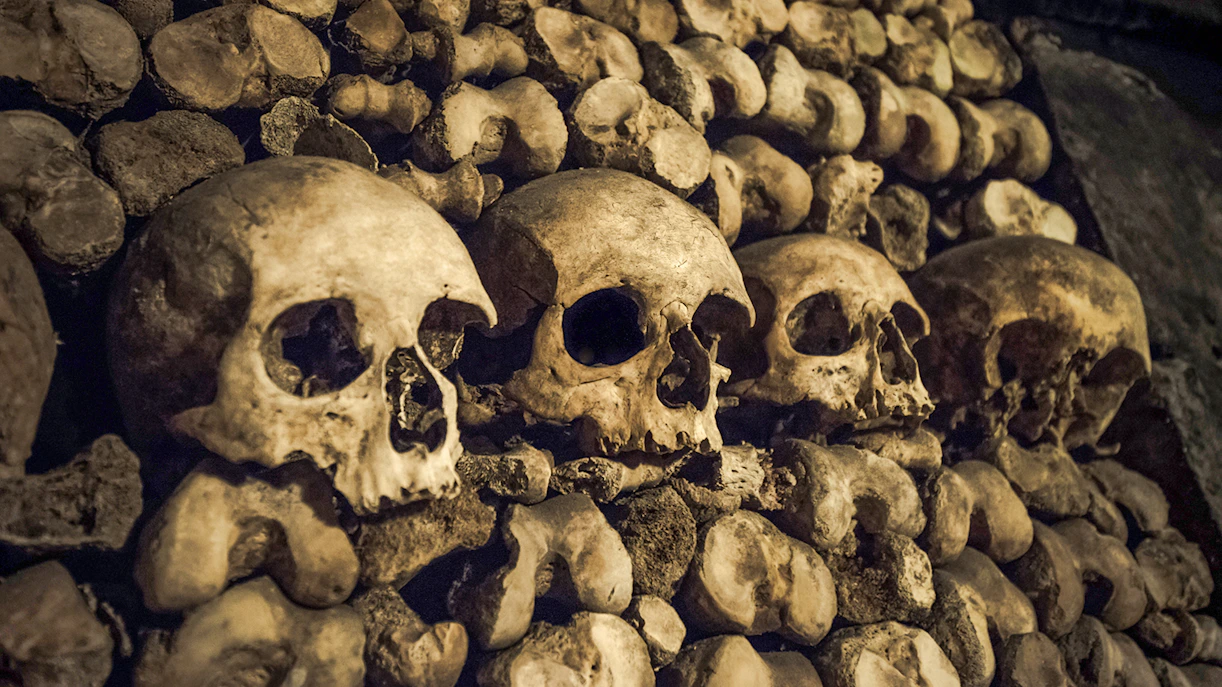 Skulls and bones in the Paris Catacombs.