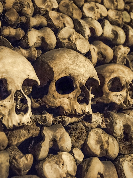 Skulls and bones in the Paris Catacombs.