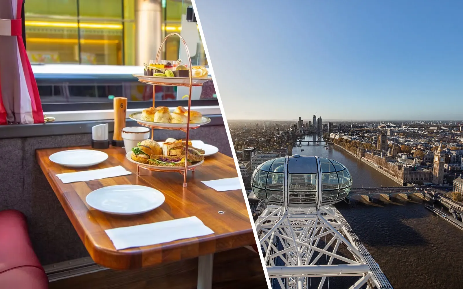 Afternoon tea setup on a London bus with city skyline view.