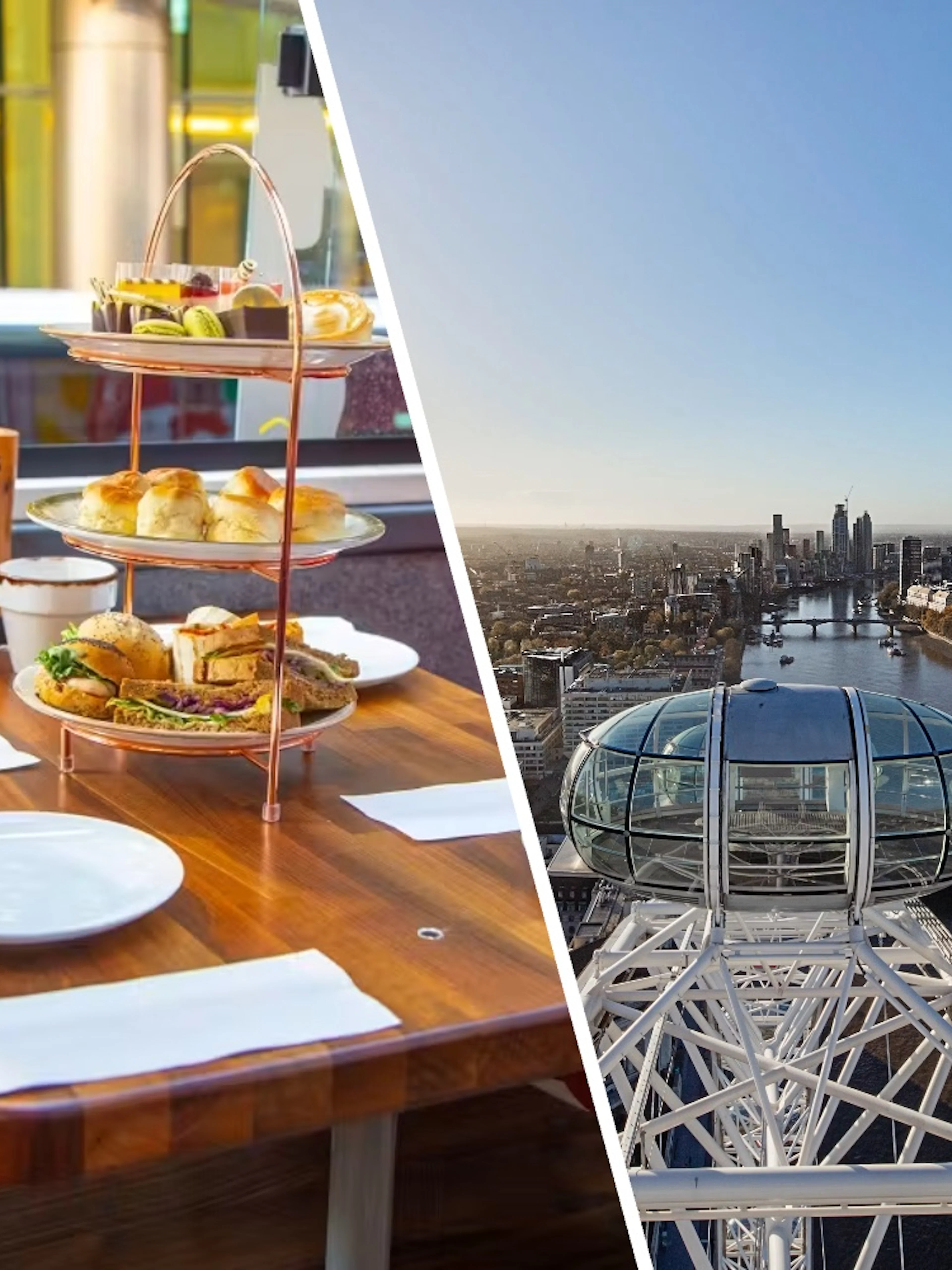 Afternoon tea setup on a London bus with city skyline view.
