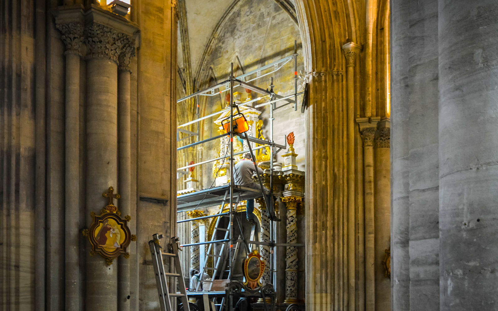 Notre Dame Cathedral restoration work with scaffolding in Paris, France.