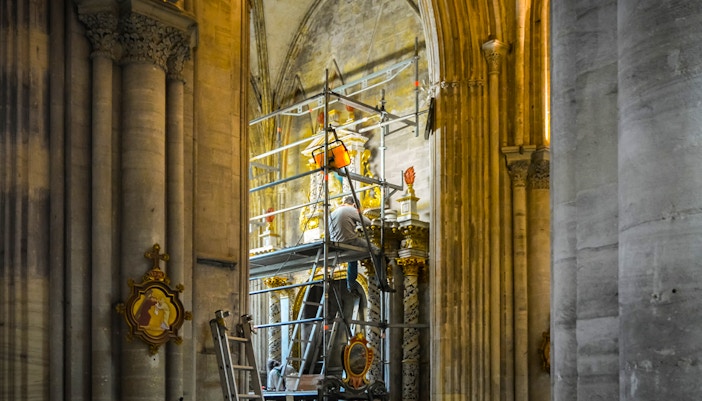Notre Dame Cathedral restoration work with scaffolding in Paris, France.