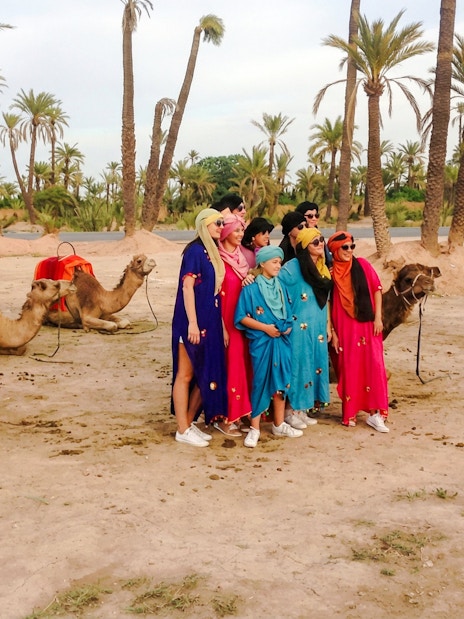 Group posing with camels in the Palmeraie during a sunset tour.
