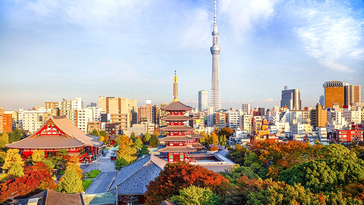 Senso Ji temple with Tokyo Tower in the background, Tokyo, Japan.
