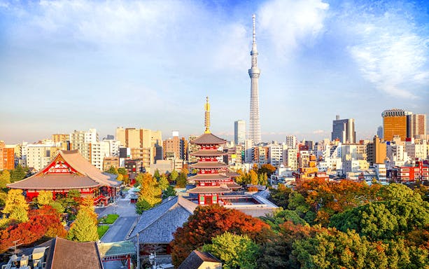 Senso Ji temple with Tokyo Tower in the background, Tokyo, Japan.
