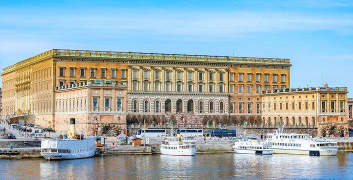 Gamla Stan and Royal Palace view with boats in Stockholm, Sweden.