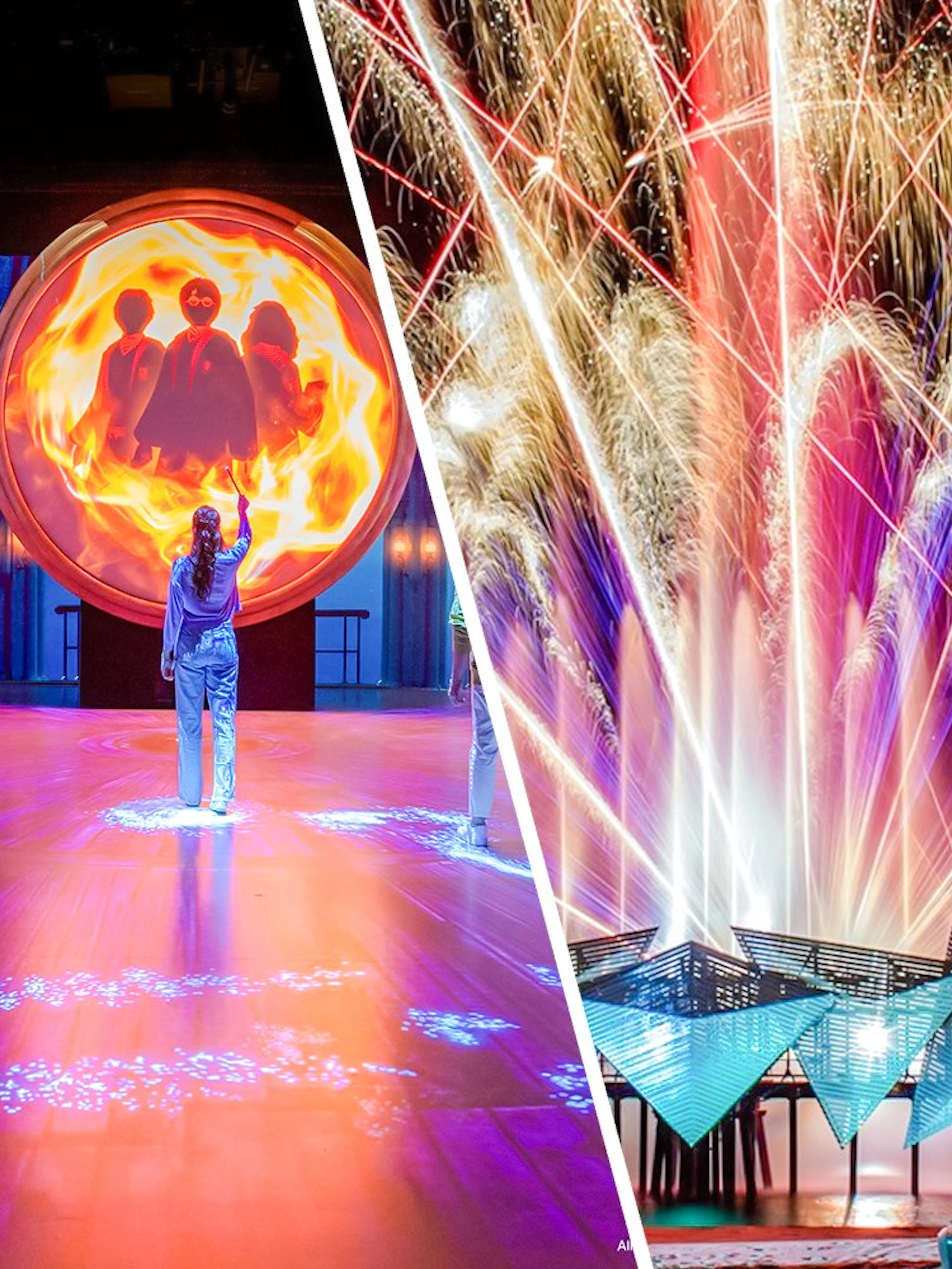 Harry Potter magic show and fireworks at Wings of Time, Sentosa Island at night.