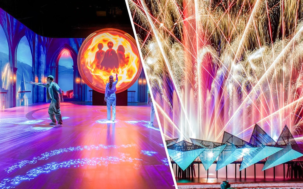 Harry Potter magic show and fireworks at Wings of Time, Sentosa Island at night.