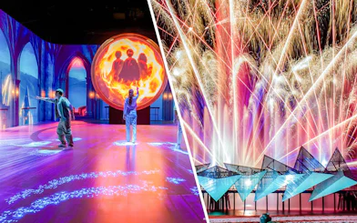 Harry Potter magic show and fireworks at Wings of Time, Sentosa Island at night.