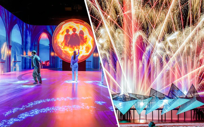 Harry Potter magic show and fireworks at Wings of Time, Sentosa Island at night.