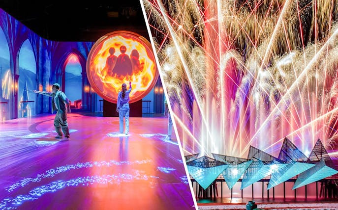 Harry Potter magic show and fireworks at Wings of Time, Sentosa Island at night.