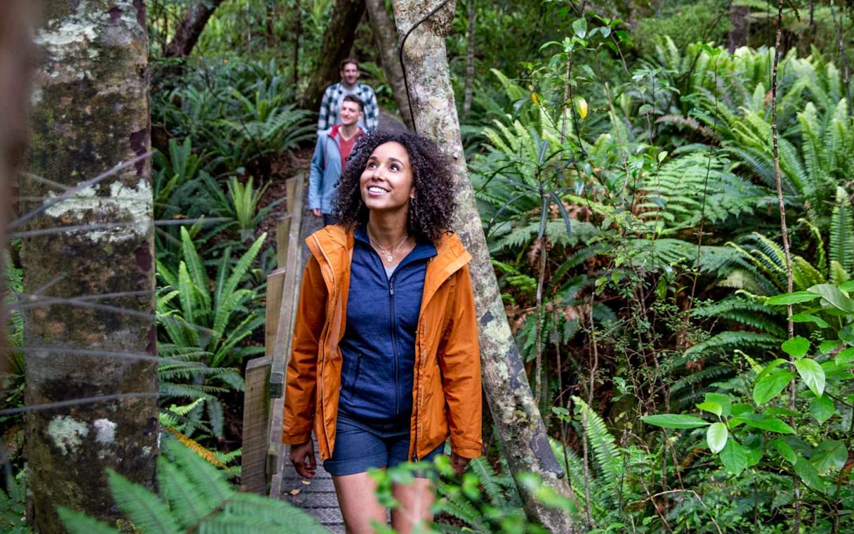 Tourists walking through lush forest on Ulva Island.