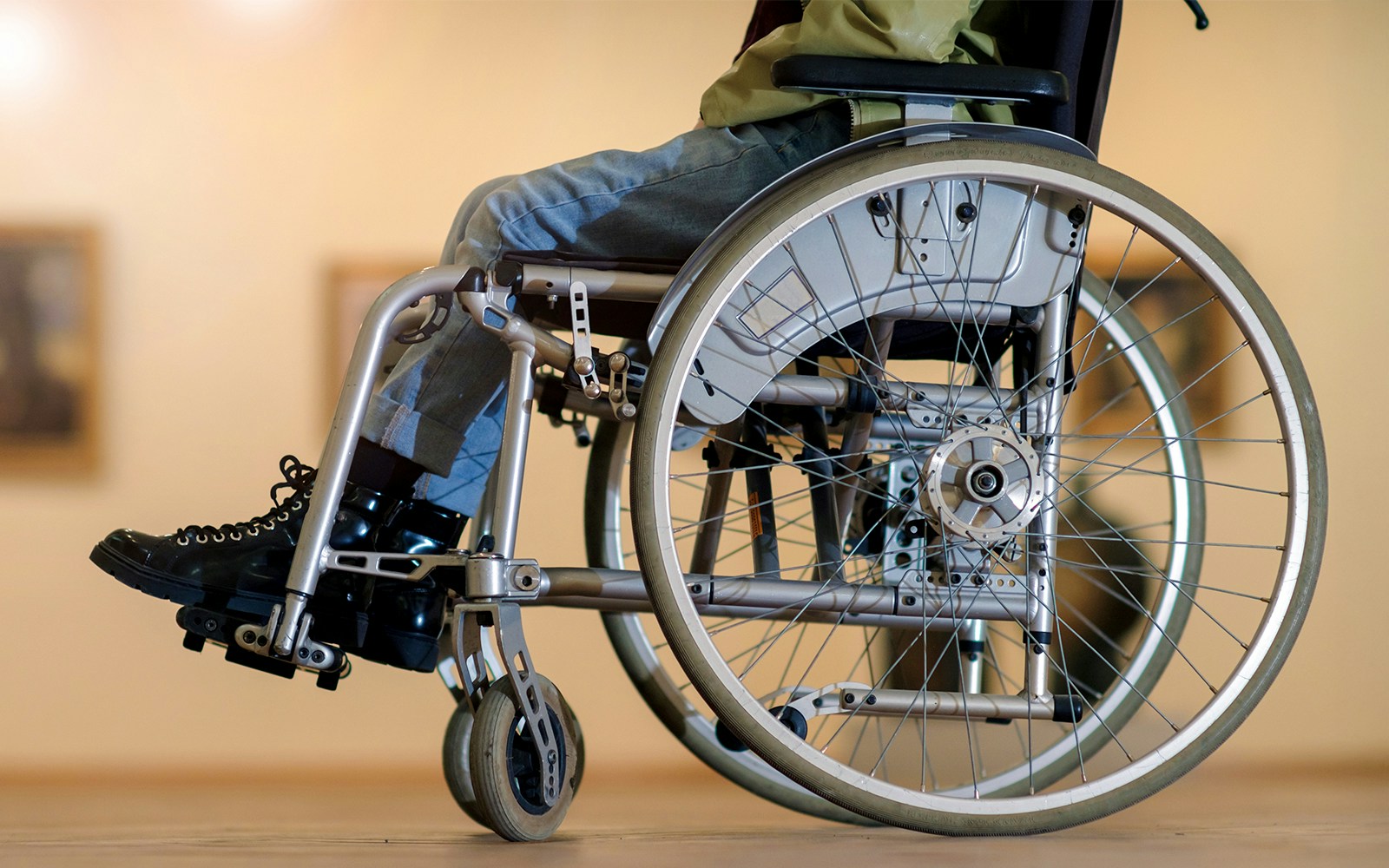 Wheelchair in a museum setting highlighting accessibility features.