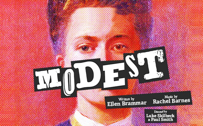 Poster for the show "Modest" with bold text and a stylized portrait background.
