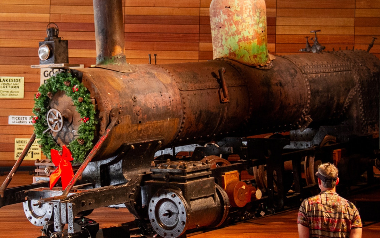 Historic steam locomotive display at Puffing Billy visitor centre near Melbourne.