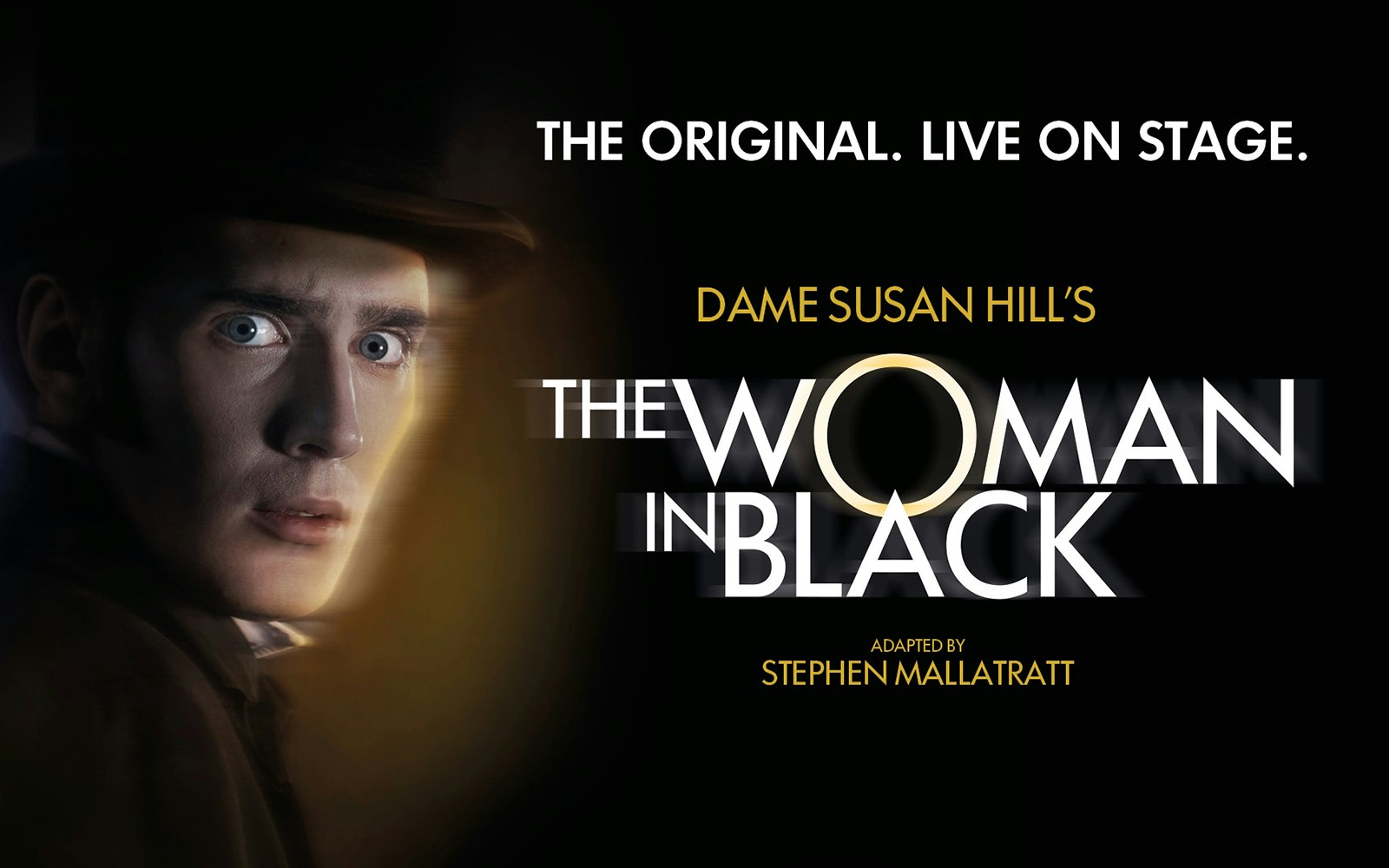Theater poster for "The Woman in Black" in London featuring a man's face and title text.