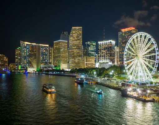Nighttime view of Miami skyline with ferris wheel and boats on the water.