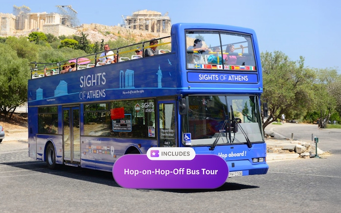Double-decker bus near Acropolis on Athens Hop-on Hop-off Classic Tour.