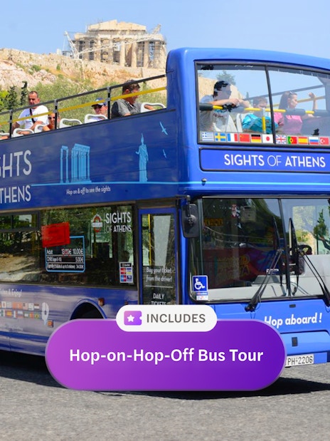 Double-decker bus near Acropolis on Athens Hop-on Hop-off Classic Tour.