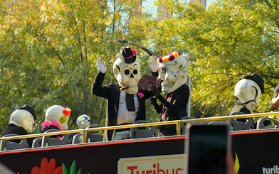 Participants in skeleton costumes on a bus during Day of the Dead parade, Mexico.