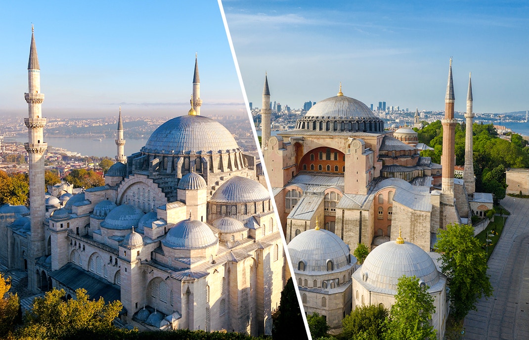 Hagia Sophia exterior with minarets in Istanbul, Turkey, showcasing its iconic domes and architecture.