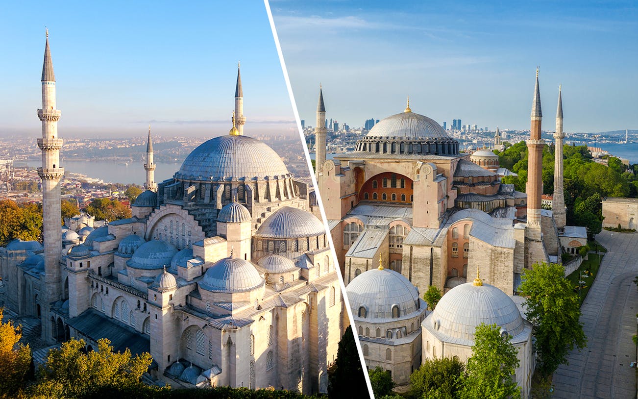 Hagia Sophia exterior with minarets in Istanbul, Turkey, showcasing its iconic domes and architecture.
