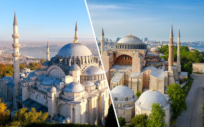 Hagia Sophia exterior with minarets in Istanbul, Turkey, showcasing its iconic domes and architecture.