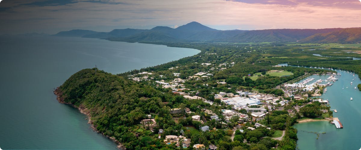 Aerial view of Port Douglas coastline and marina in Australia.