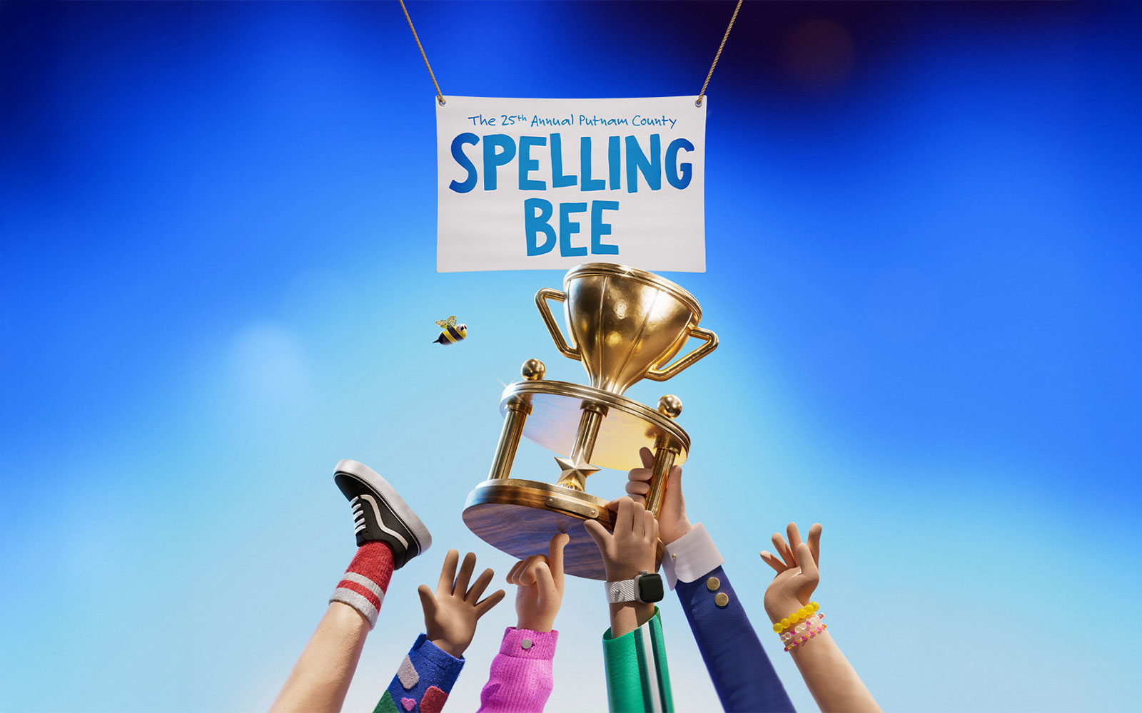 Hands holding a trophy under a sign for The 25th Annual Putnam County Spelling Bee.