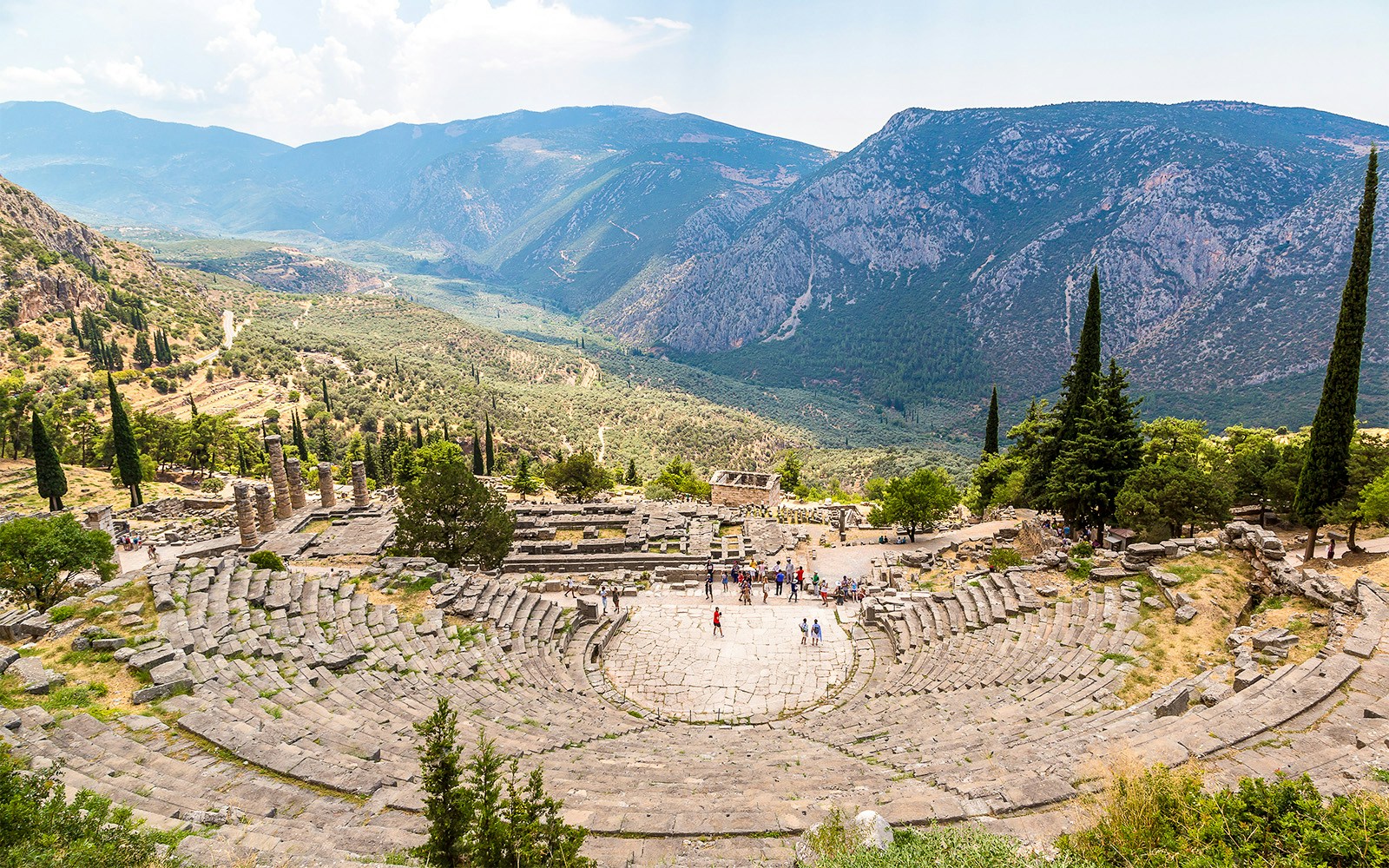 Theater of Delphi with mountainous landscape in the background, Delphi Archaeological Site, Greece.