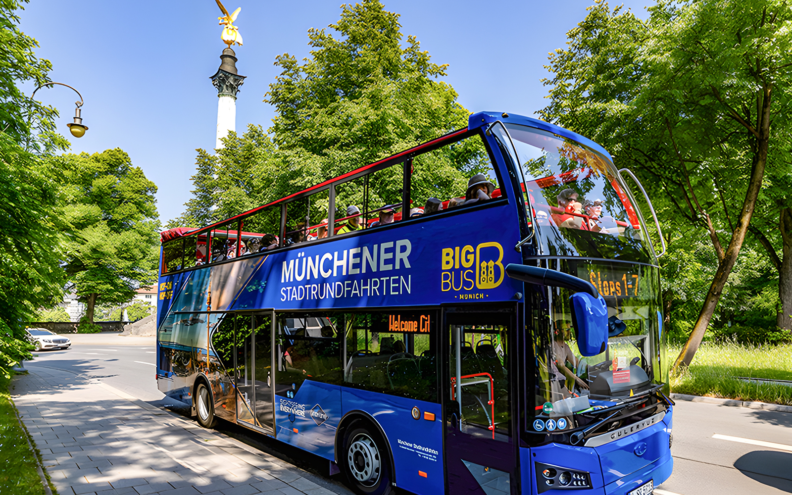 Munich hop-on hop-off bus near Friedensengel monument.