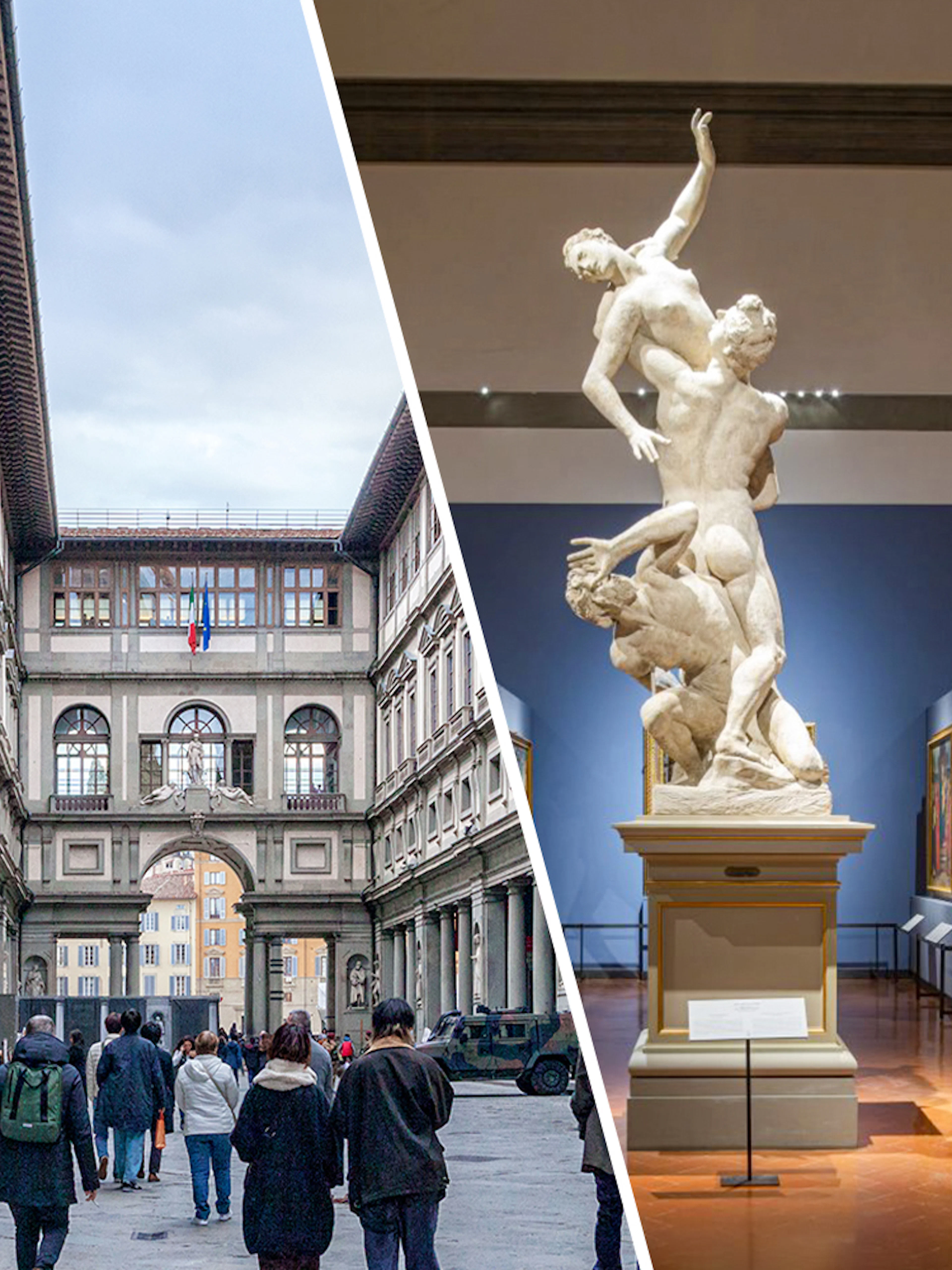 Uffizi Gallery exterior with visitors and artwork inside the Accademia Gallery, Florence.