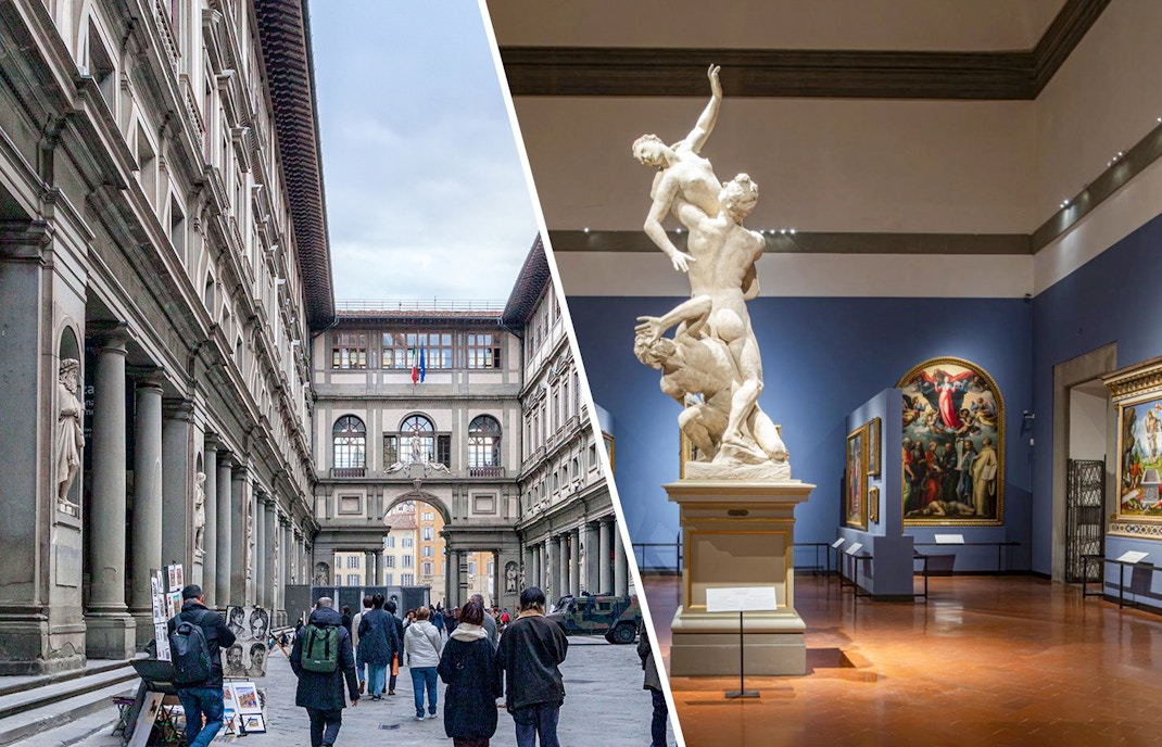 Uffizi Gallery facade with visitors and Accademia Gallery interior showcasing sculptures in Florence, Italy.